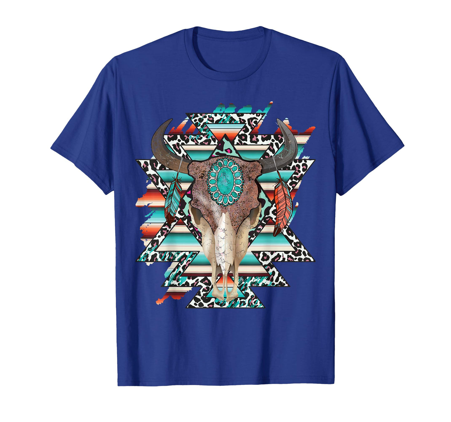 Boho Serape Turquoise Aztec Cow Bull Skull Western Cowgirl T-Shirt