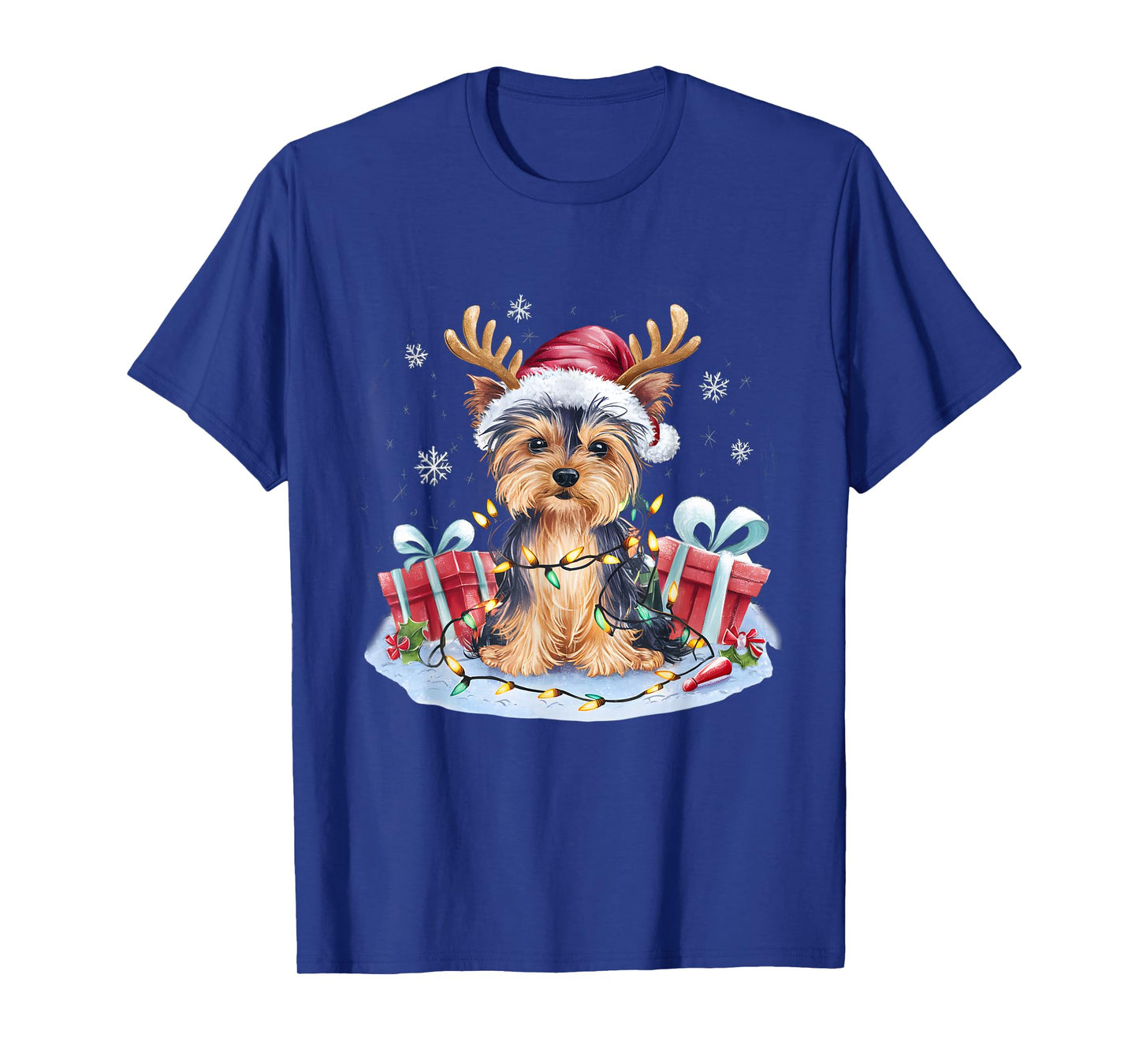 Funny Santa Yorkie Dog Reindeer Christmas Lights Dog Lover T-Shirt