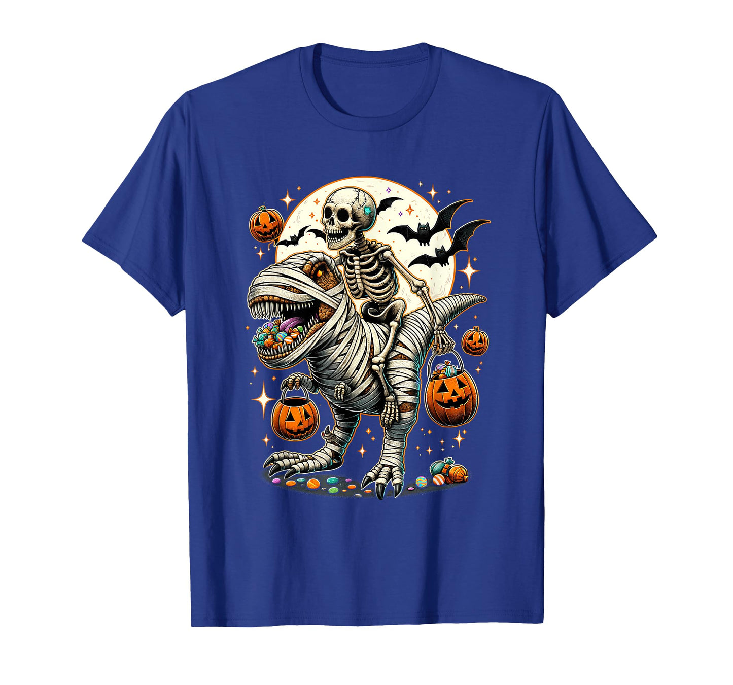 Skeleton Riding Mummy Dinosaur T Rex Kids Boys Men Halloween T-Shirt