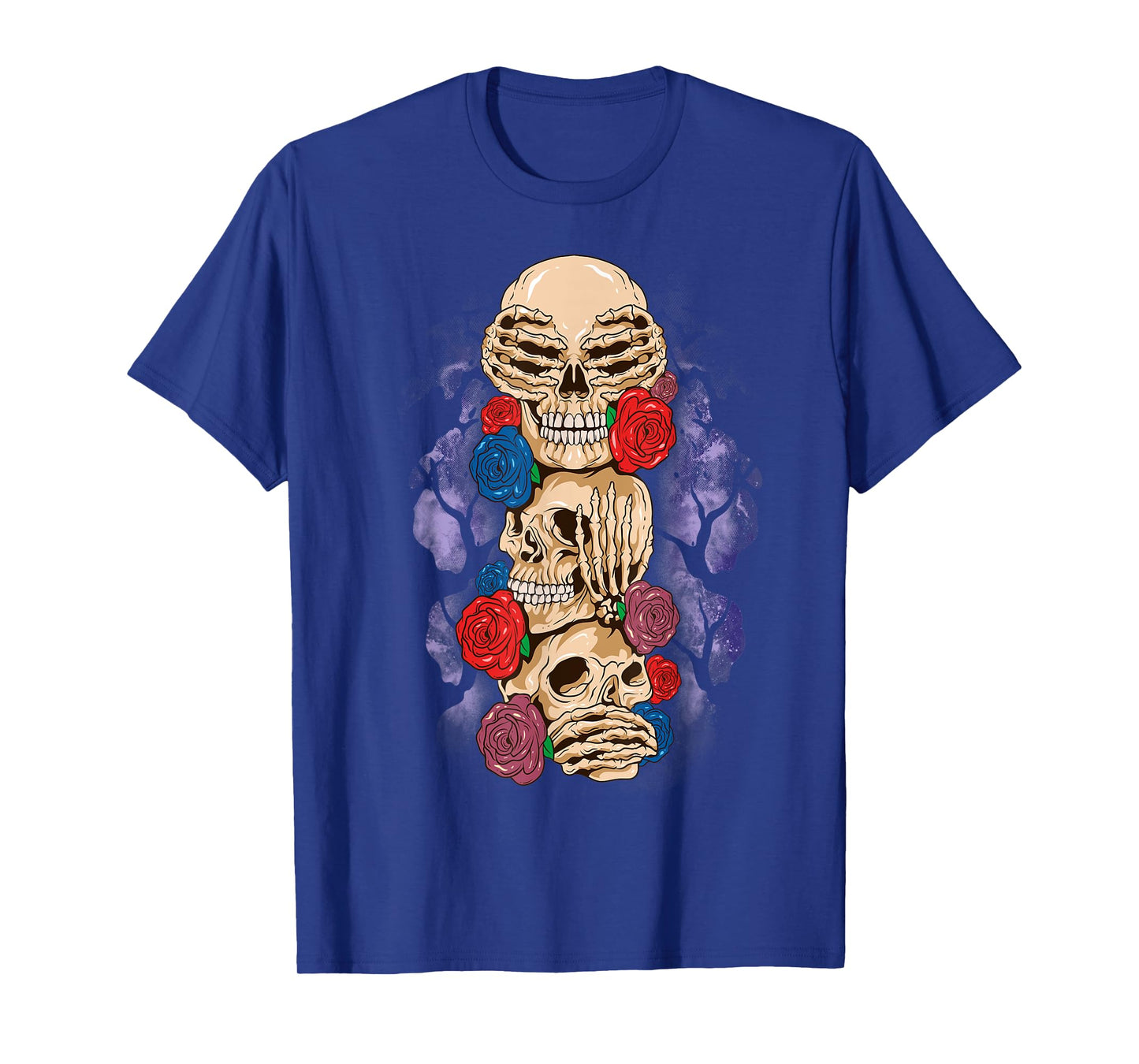 Skull Halloween See No Evil Hear Speak Wise Monkey Rose T-Shirt