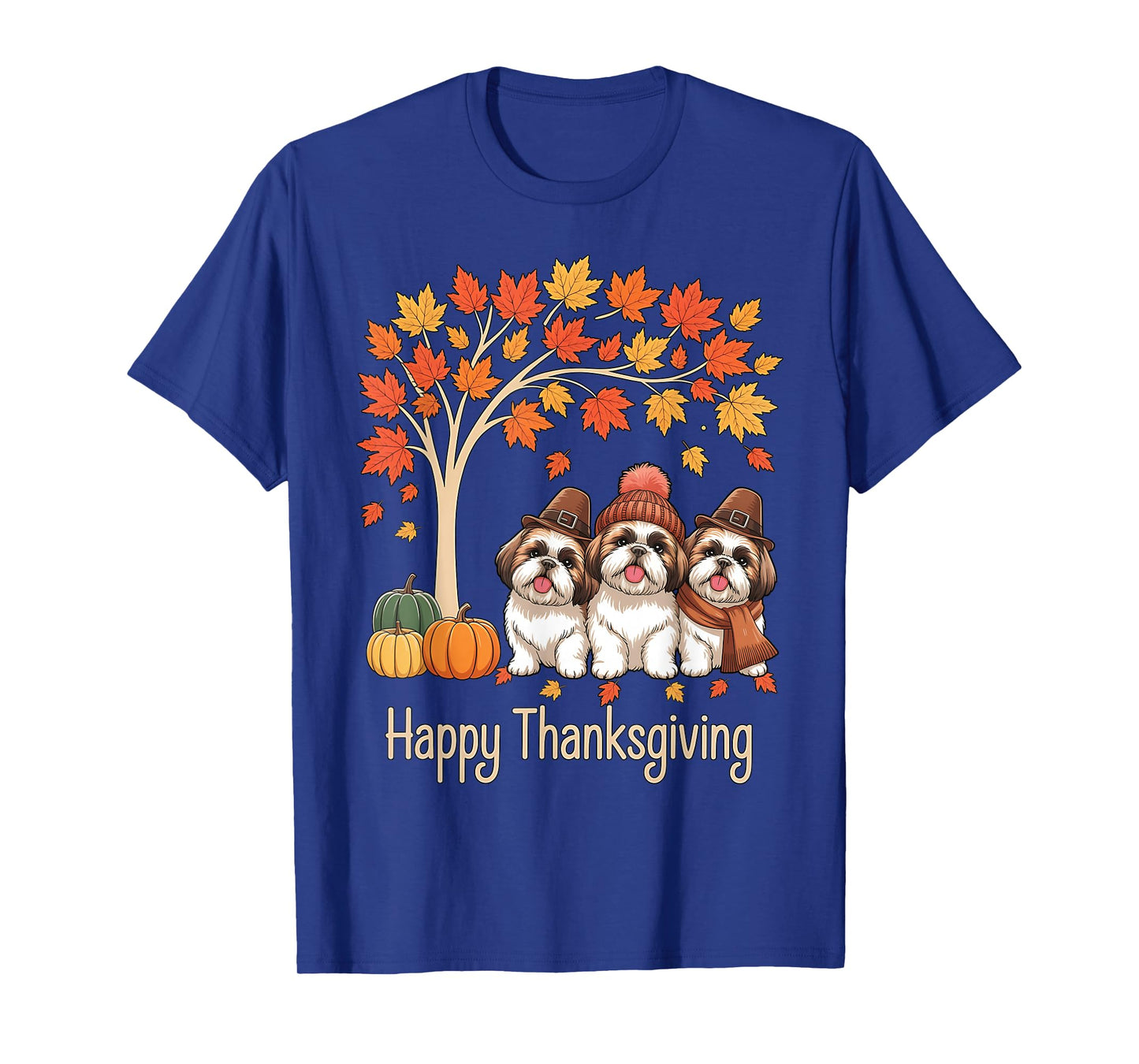 Funny Three Shih Tzu Dogs Tree Happy Thanksgiving T-Shirt