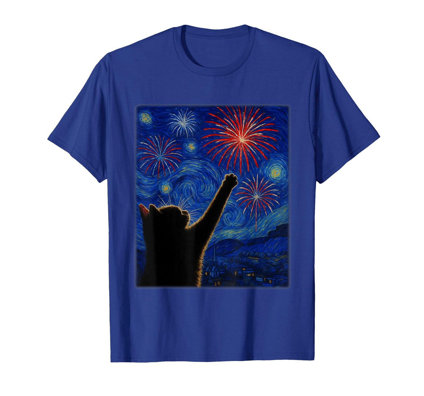 Cat Starry Night Van Gogh USA Flag 4th of July Men Women T-Shirt