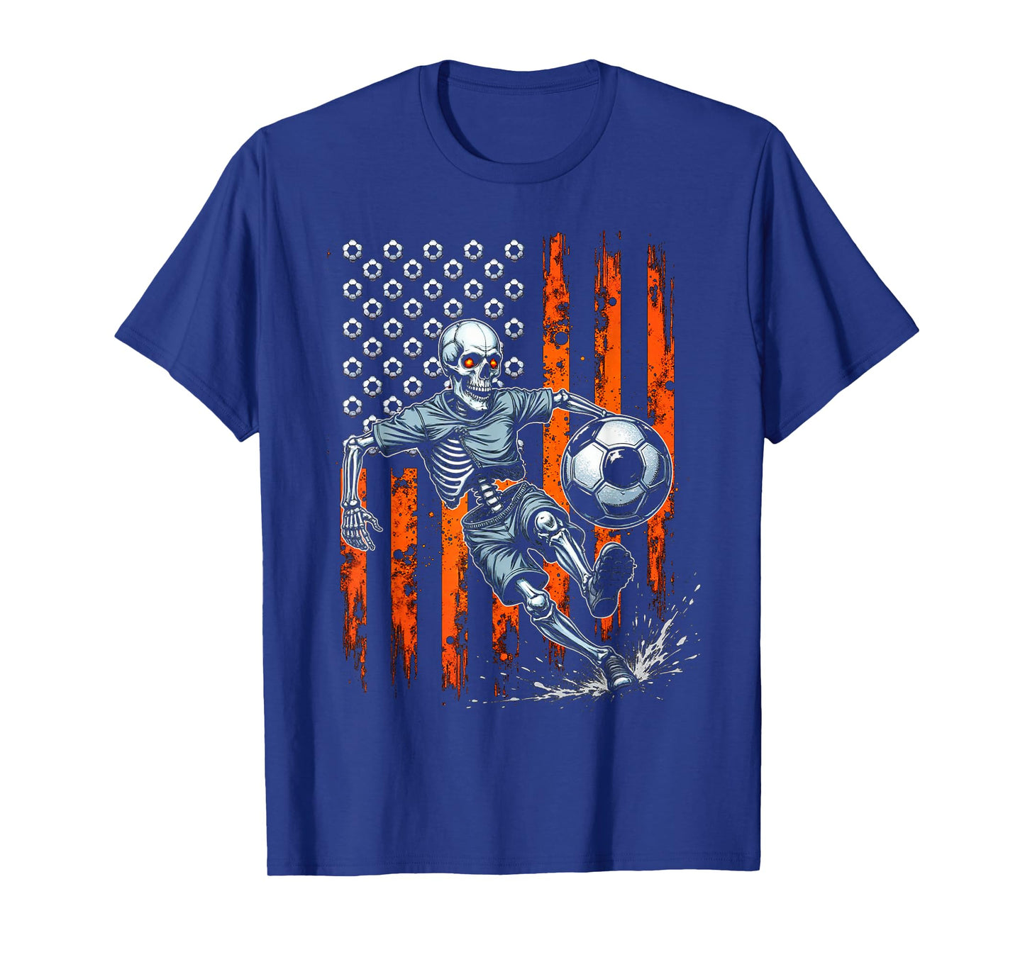Retro Skeleton Playing Soccer USA Flag Spooky Halloween 2025 T-Shirt