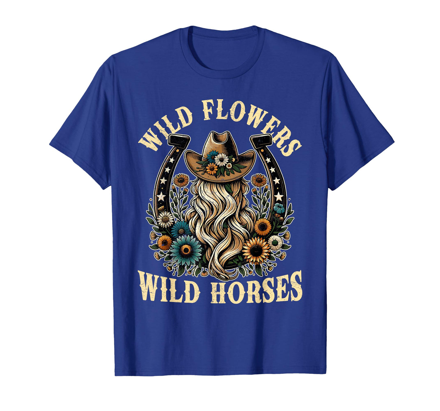 Retro Southern Sunset Cowgirl Wild Flowers - Wild Horses T-Shirt