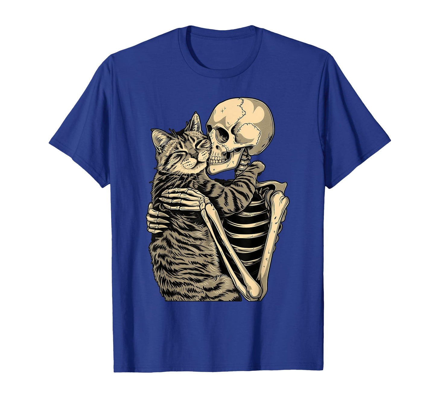 Skeleton Hugging Cat Halloween T-Shirt for Cat Lovers