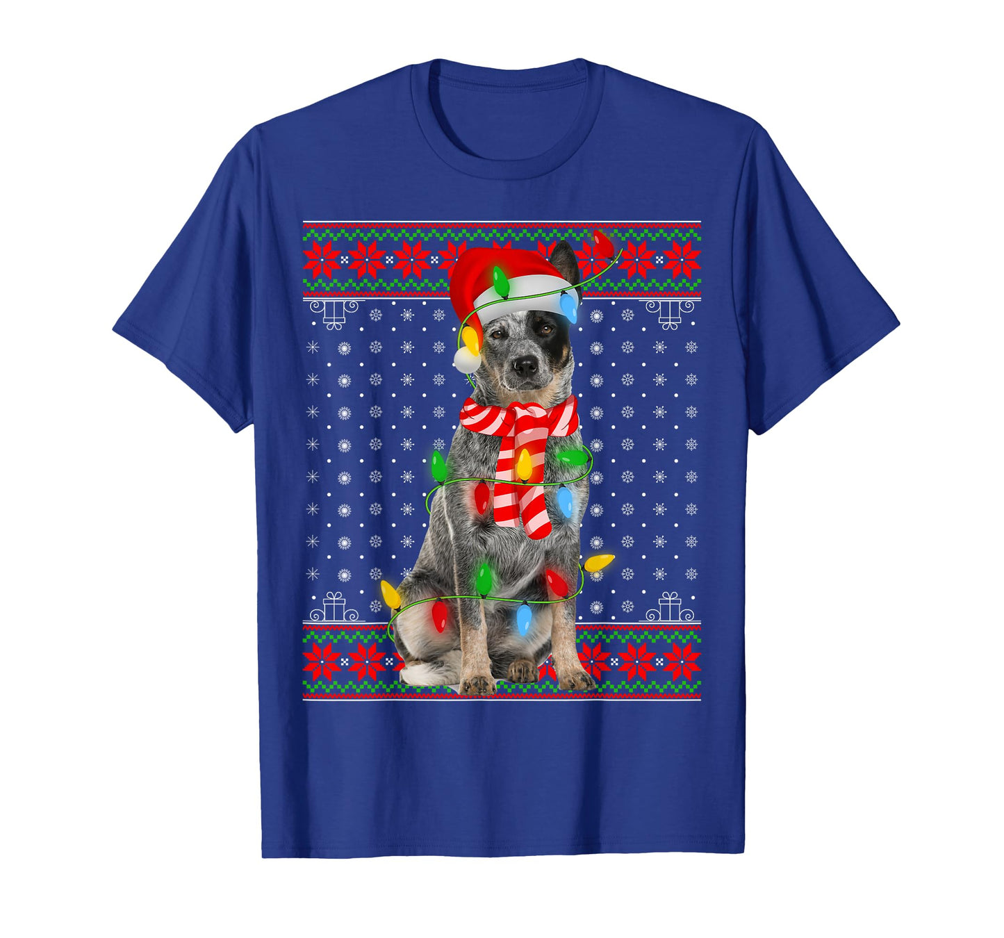 Ugly Xmas Dog Lights Santa Hat Blue Heeler Dog Christmas T-Shirt