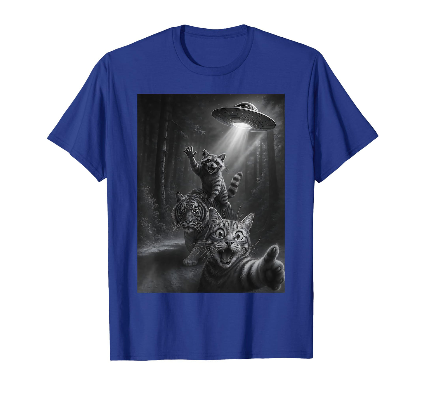 Funny Animal Humor Raccoon Riding Tiger UFO Cat Selfie T-Shirt