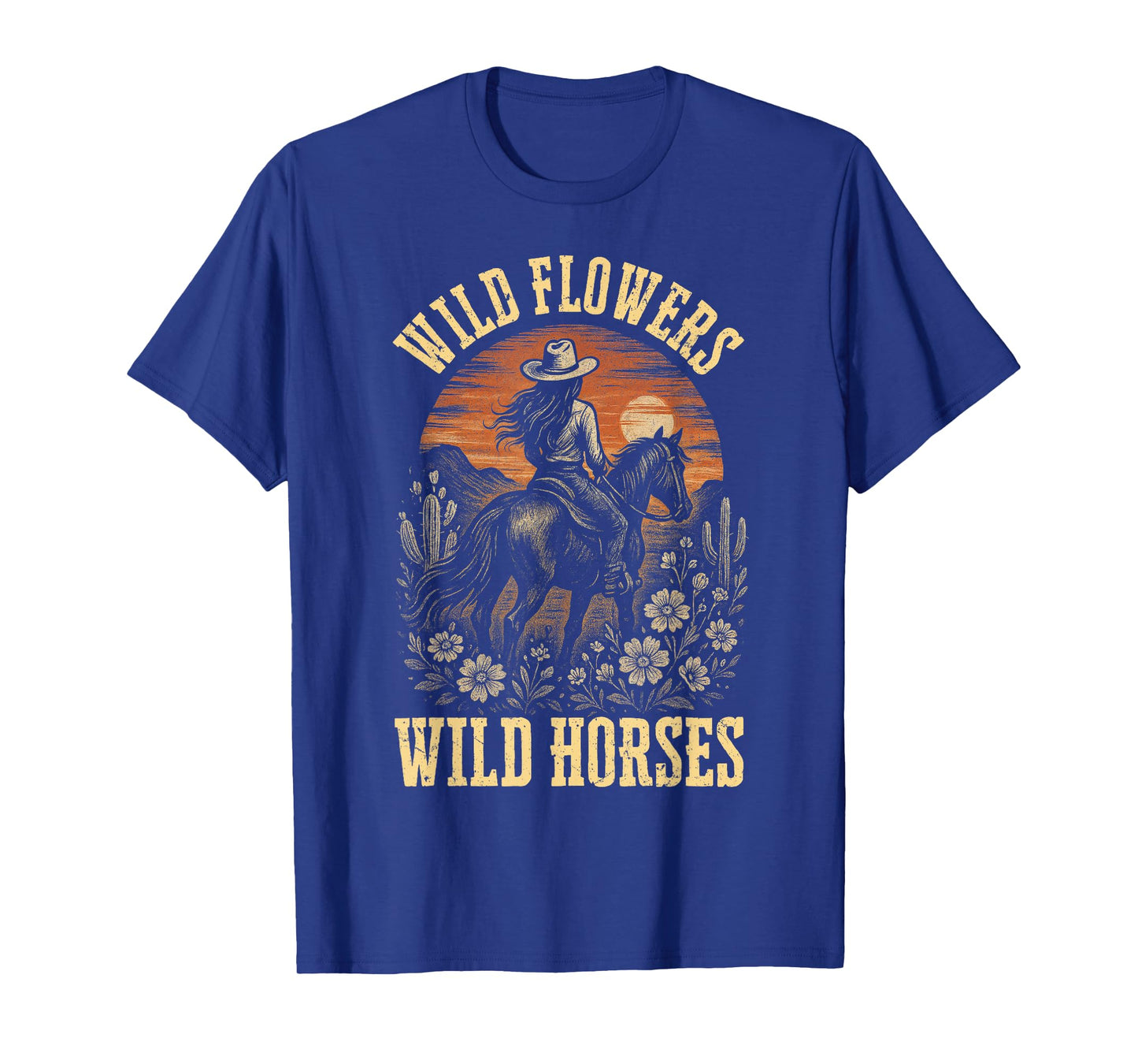 Retro Southern Sunset Wild Cowgirl Flowers - Wild Horses T-Shirt