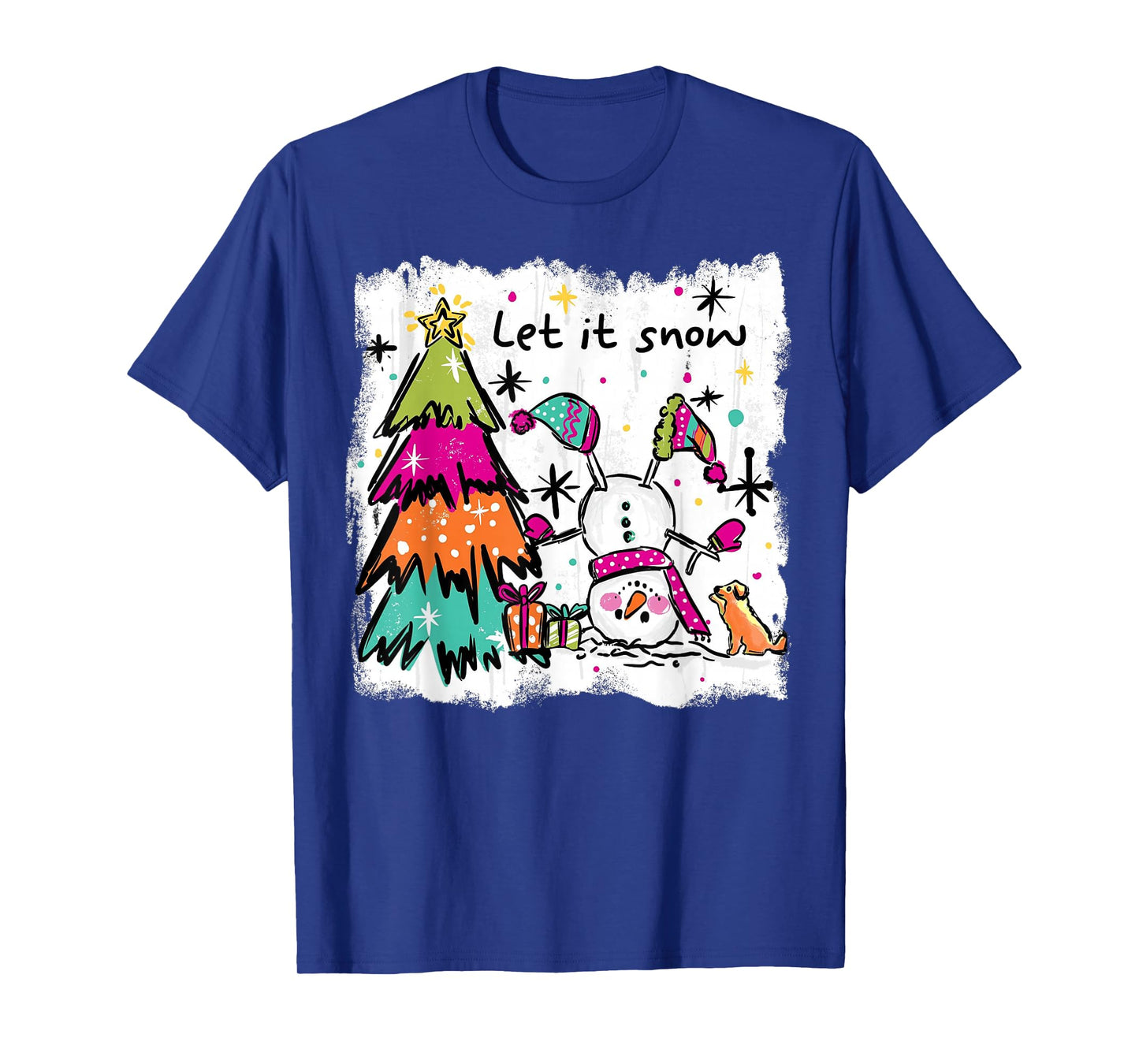 Funny Christmas Snowman Tree Let It Snow Retro Design T-Shirt