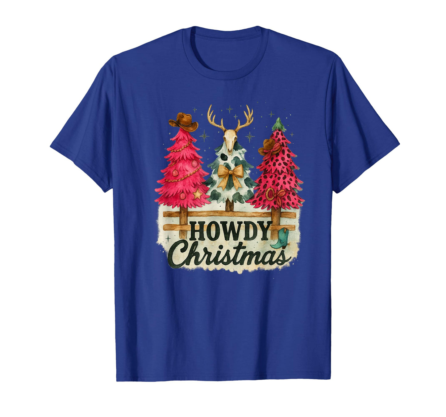 Howdy Christmas Western Trees Cowprint Leopard Cowboy T-Shirt