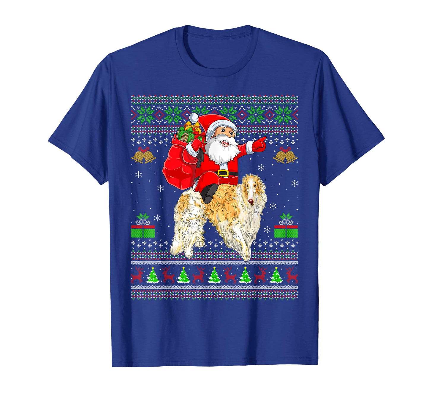 Ugly Xmas Sweater Funny Santa Riding Borzoi Dog Christmas T-Shirt