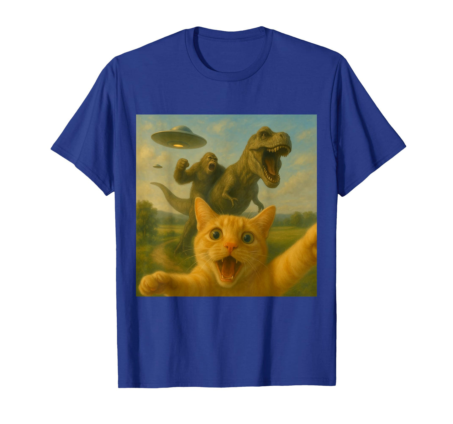Funny Surprised Scared Cat Selfie T-Rex Dinosaur Bigfoot UFO T-Shirt