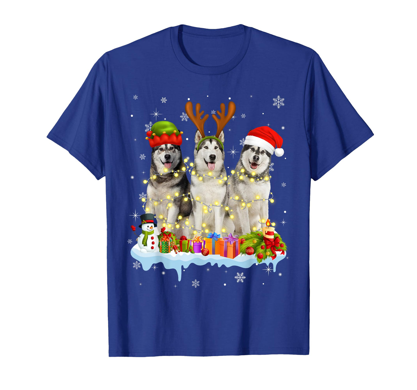 Cute Alaskan Malamute Santa Hat Christmas Light Xmas T-Shirt