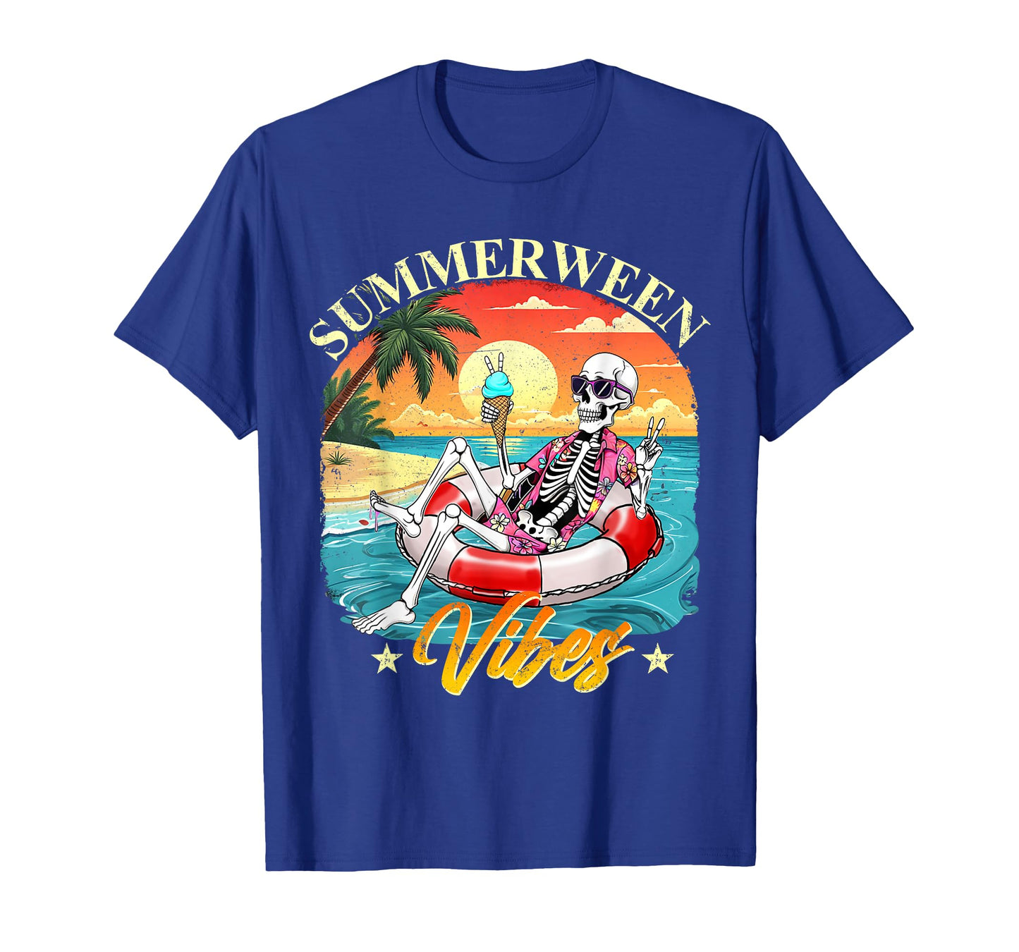 Funny Summerween Vibes Skeleton Pumpkin Spooky Vacation T-Shirt