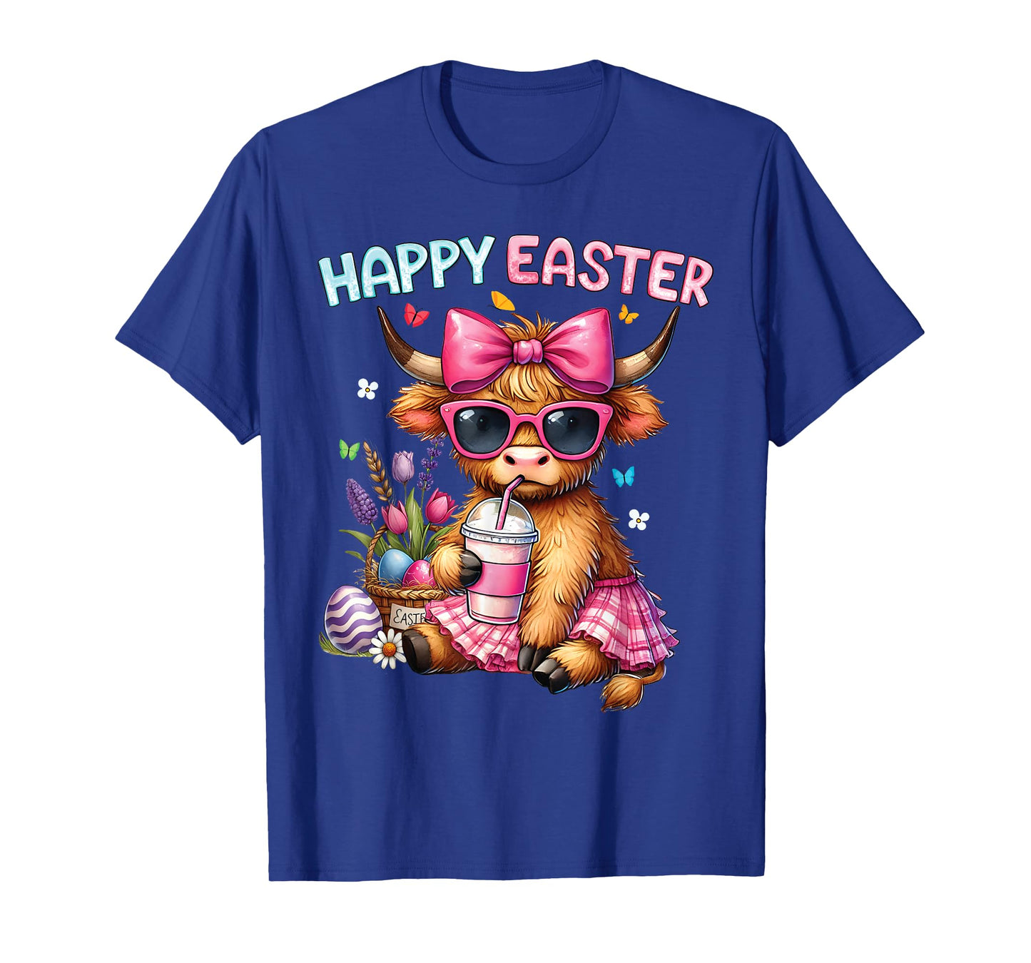 Happy Easter Day Highland Cow Cute Easter Bunny Women Kids T-Shirt