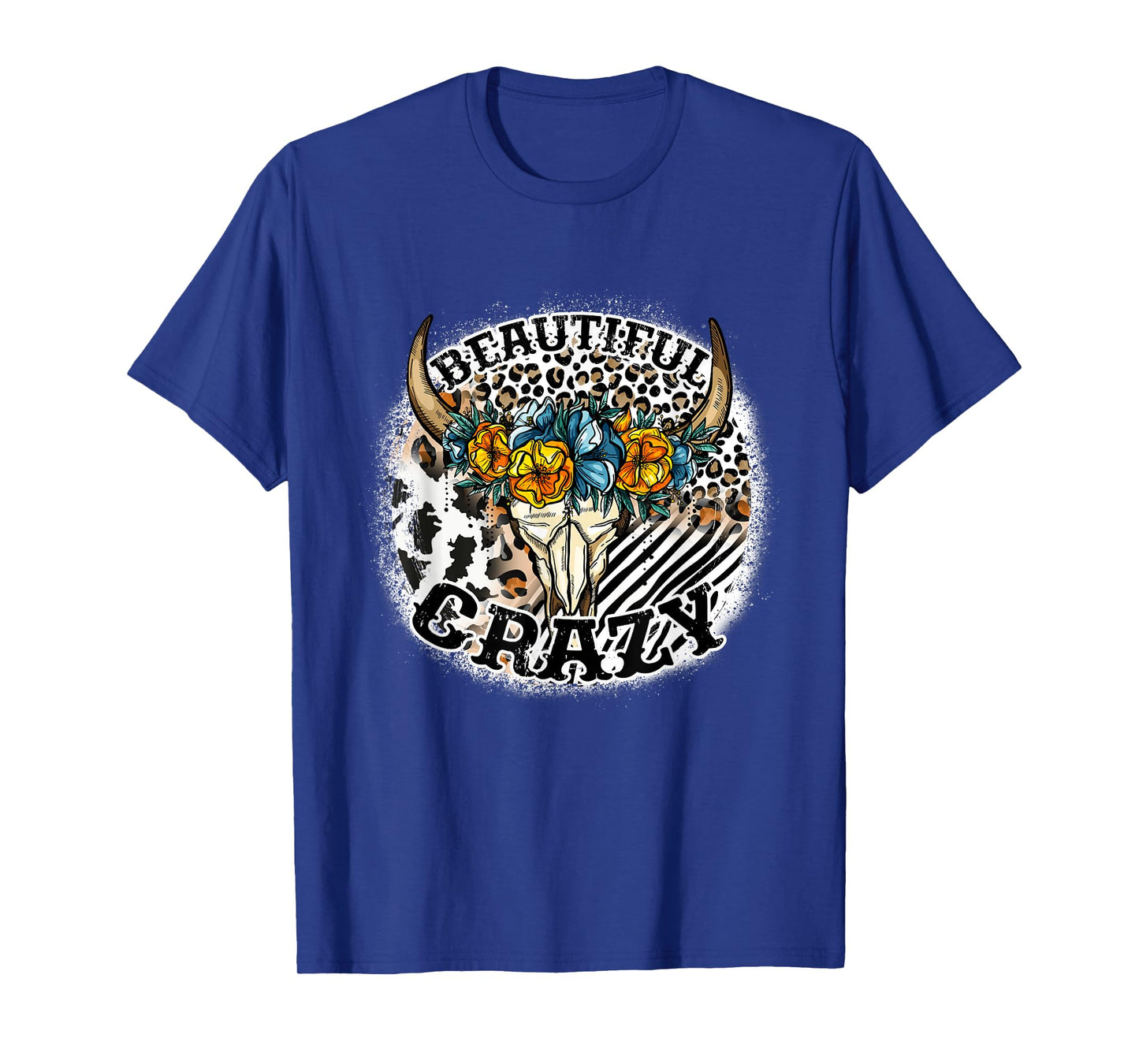 Beautiful Bull Skull Flower Crazy Cow Skull Leopard-Print T-Shirt