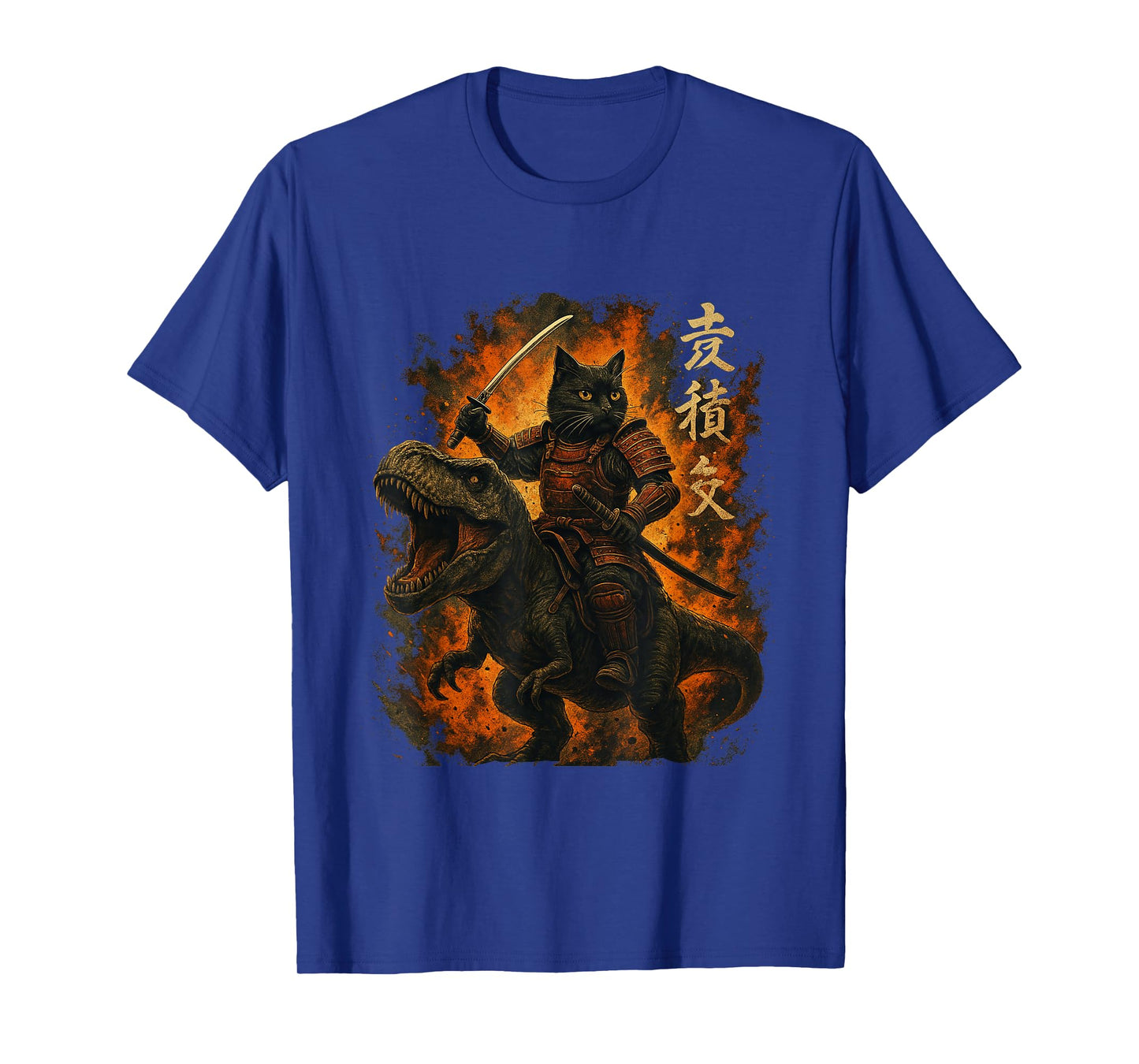Samurai Cat Riding Dinosaur Japanese Black Cat Kanji T-Shirt