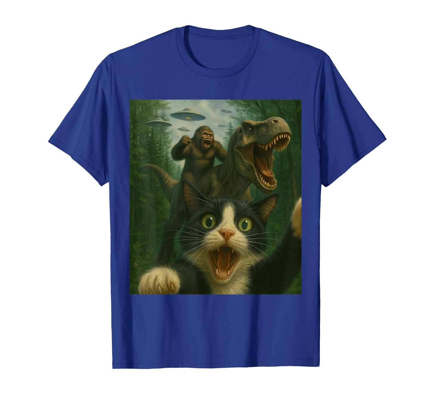 Funny Surprised Scared Cat Selfie T-Rex Dinosaur Bigfoot UFO T-Shirt