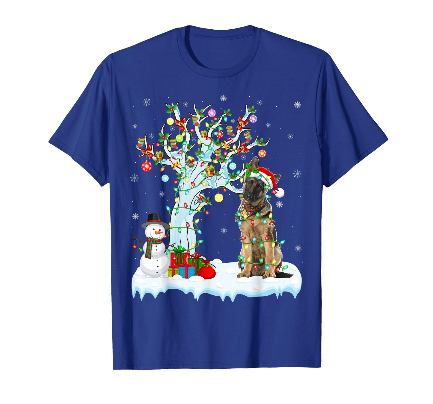 Funny Xmas Tree Lighting Santa Hat German Shepherd Christmas T-Shirt