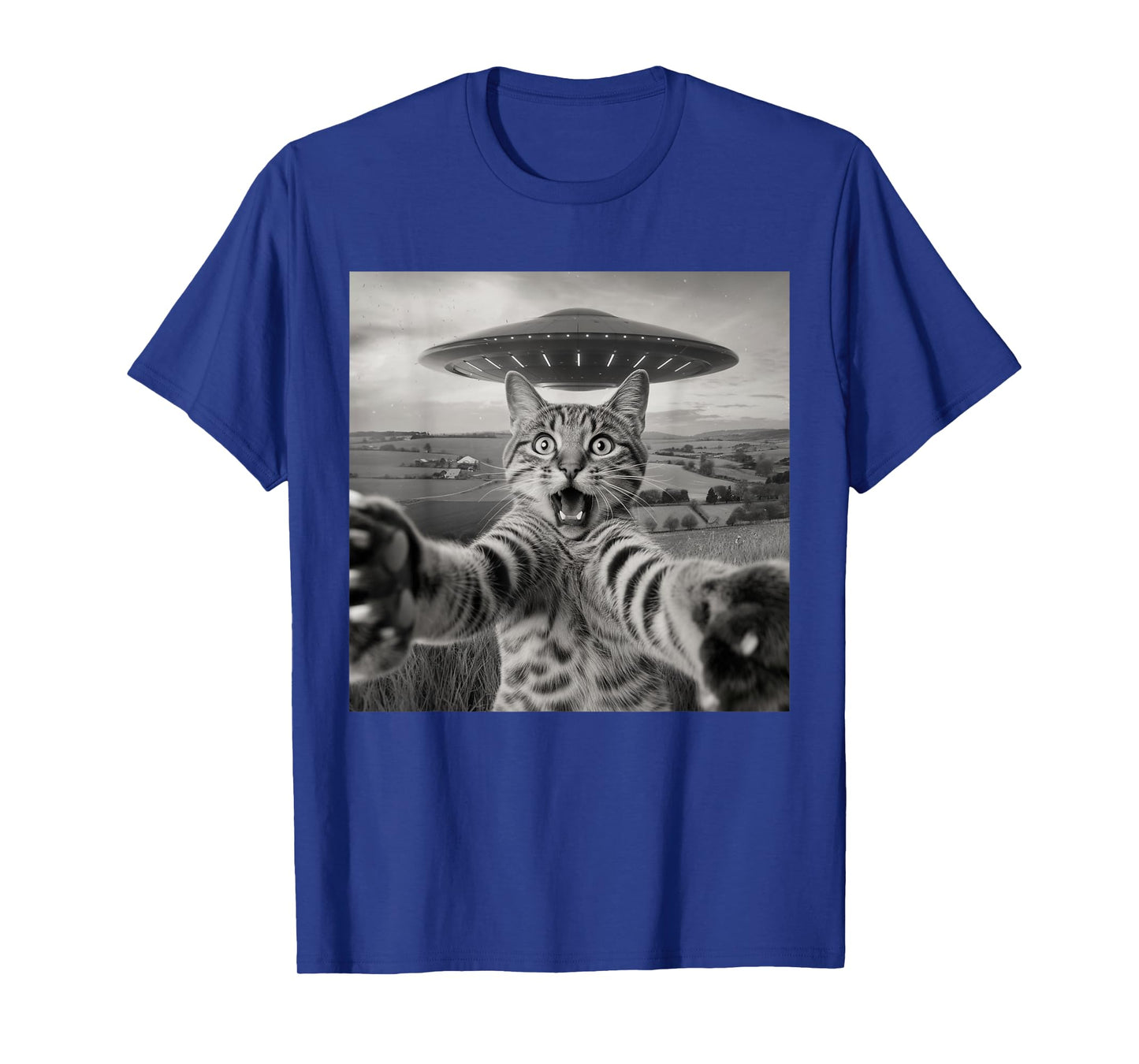 Cat Selfie With Alien UFO Funny Cat Sarcastic Humor Meme Men Women Kids T-Shirt