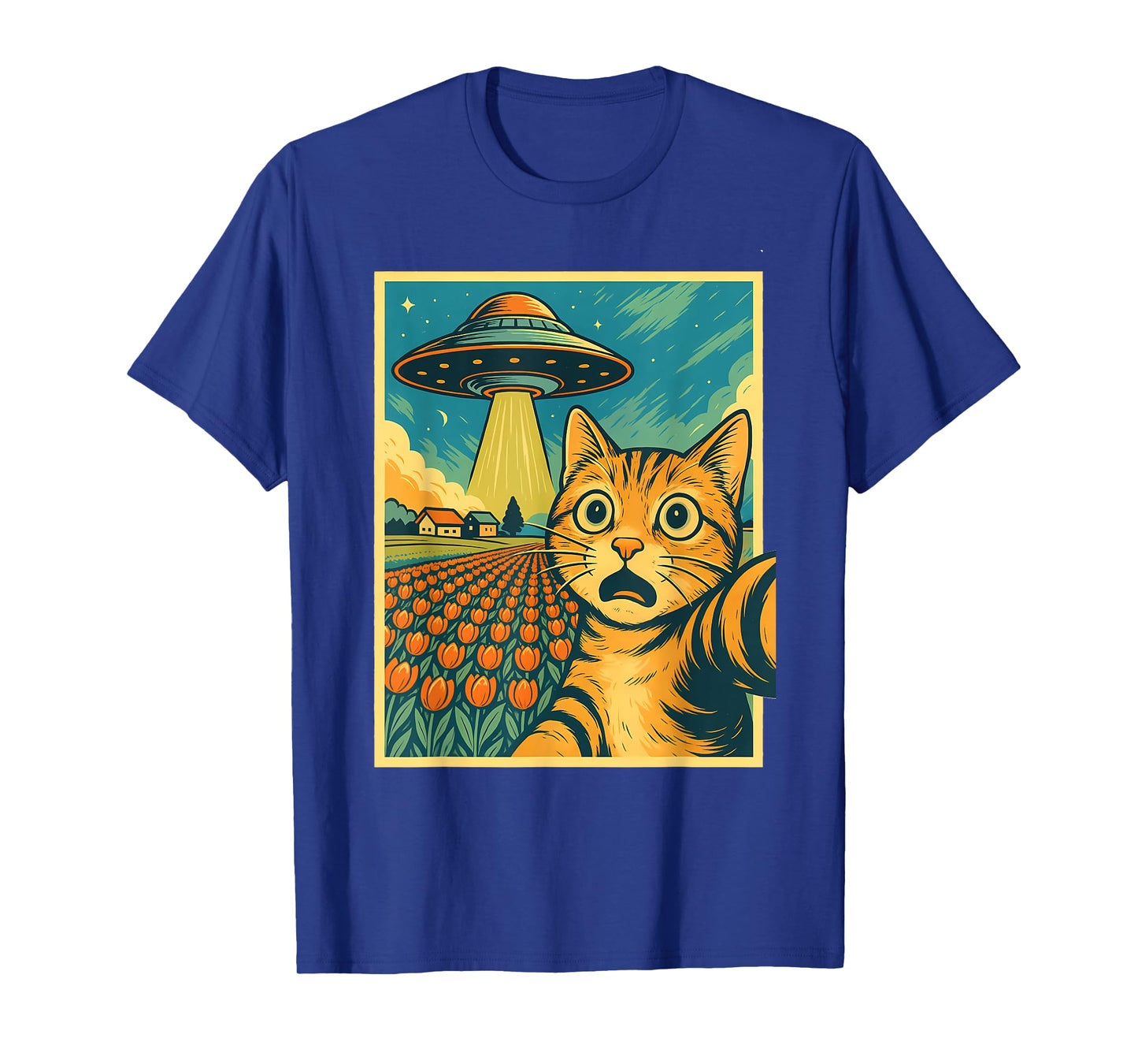 Cat Selfie With Alien UFO Tulip Funny Anime Kawaii Graphic Men Women Kids T-Shirt