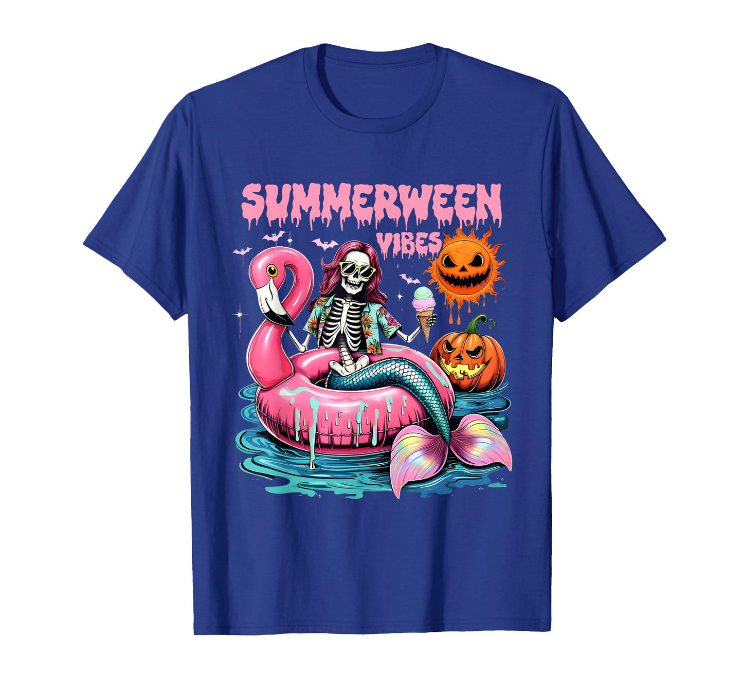 Summerween Vibes Spooky Summer Mermaid Skeleton Halloween T-Shirt
