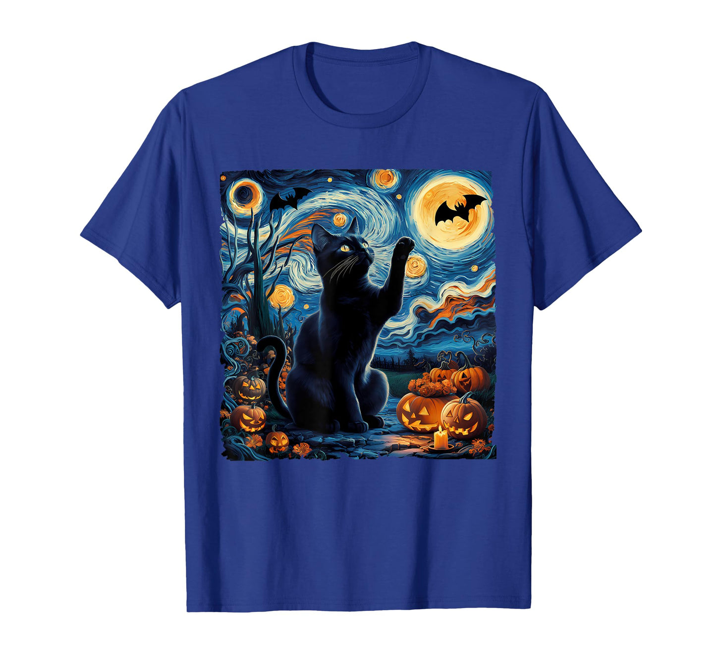 Halloween Van Gogh' Starry Night Black Cat Pumpkins Bats T-Shirt for Men Women Kids