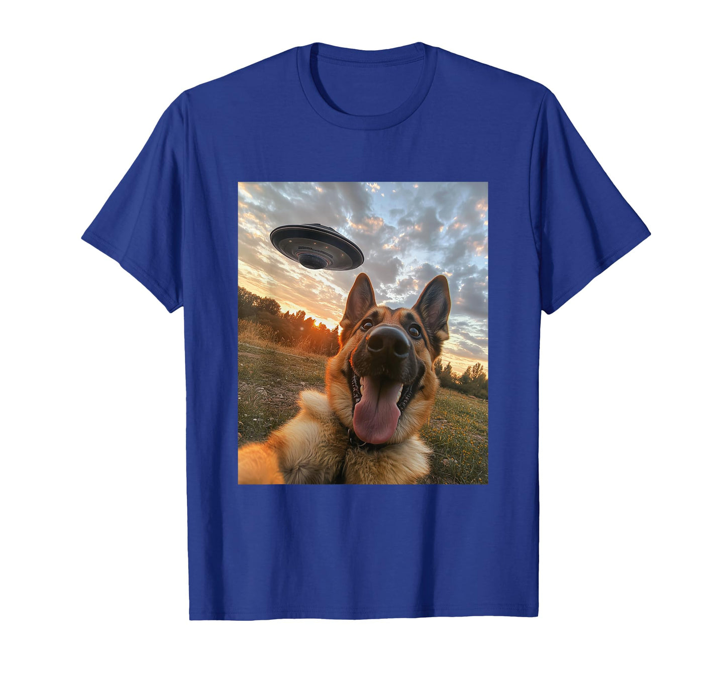 German Shepherd Dog Selfie with UFOs Aliens Funny Graphic T-Shirt