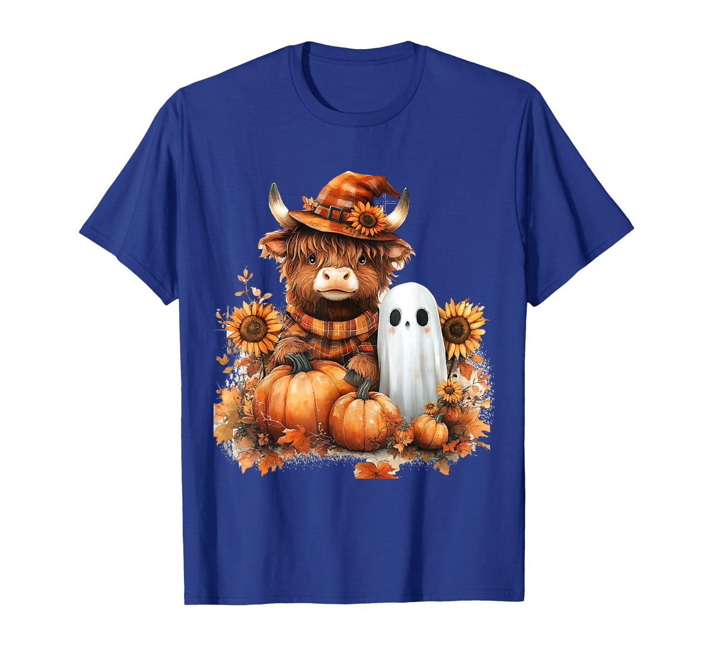 Highland Cow Ghost Pumpkin Sunflower Fall Cute T-Shirt