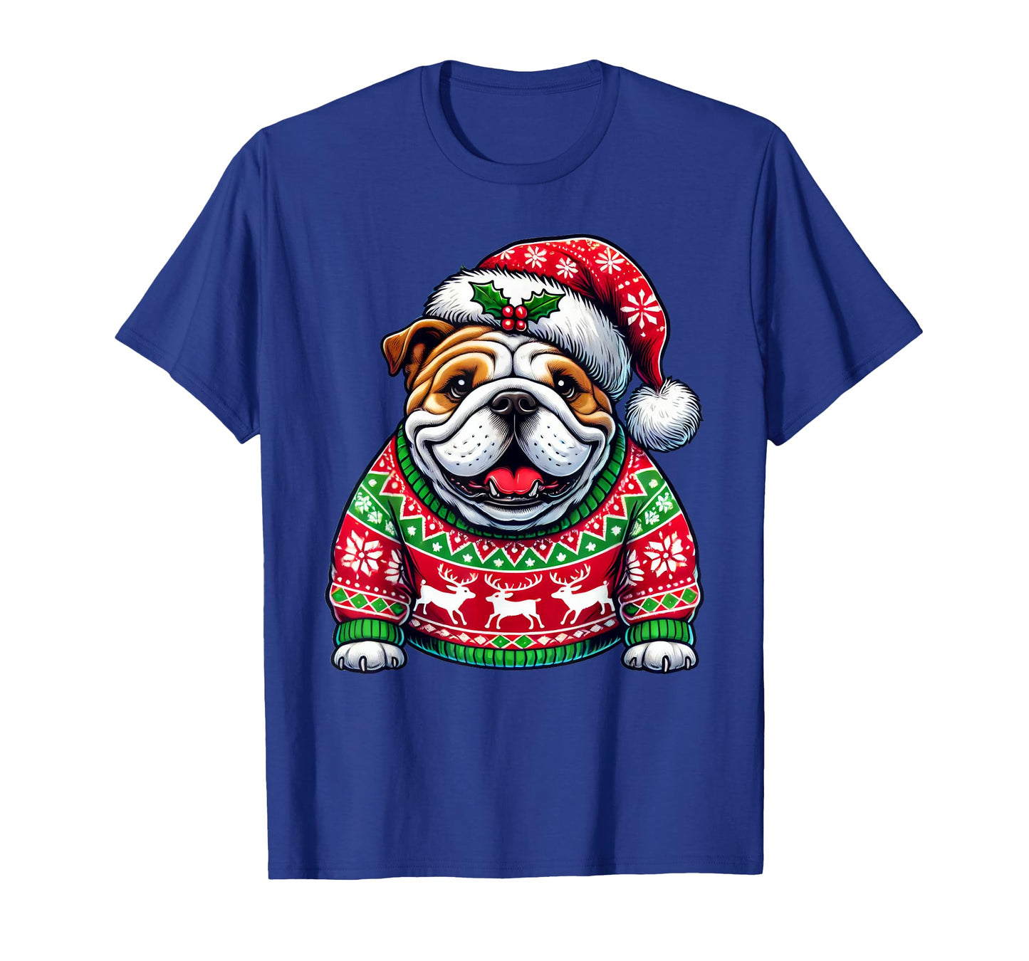 English Bulldog Dog Ugly Sweater Santa Hat Christmas T-Shirt