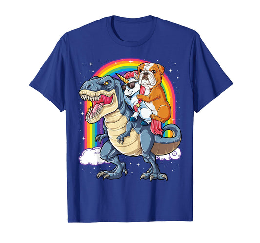 English Bulldog Unicorn Riding Dinosaur T-rex Gifts Girls T-Shirt