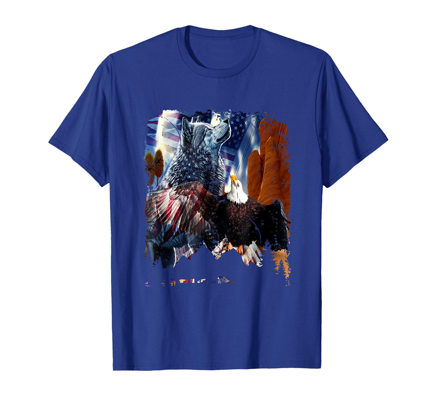 Wolf With Bald Eagles American Flag Patriotic Independence Women Men T-Shirt