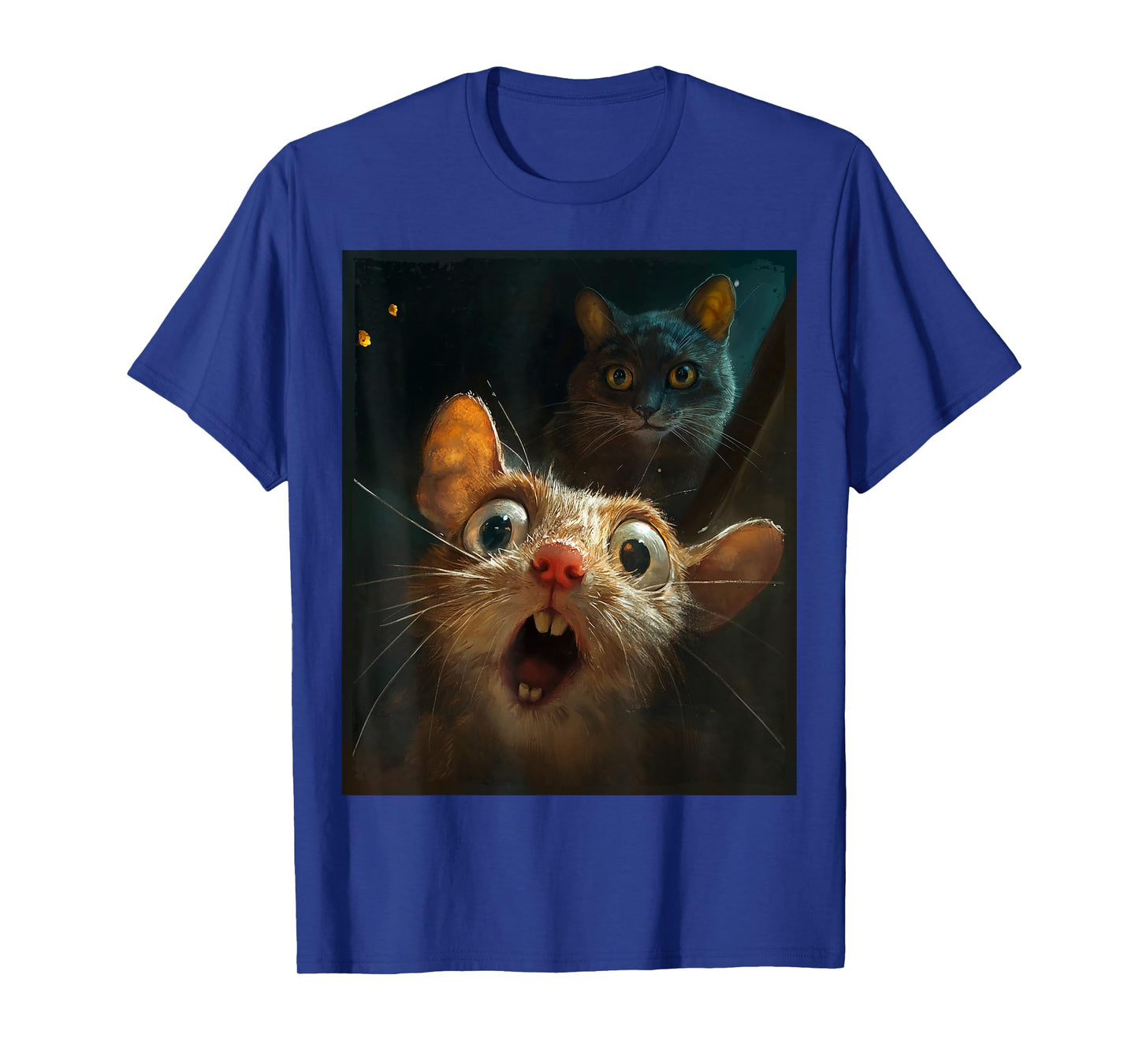 Funny Surprised Scared Mouse Selfie in Front of Sneaky Cat T-Shirt