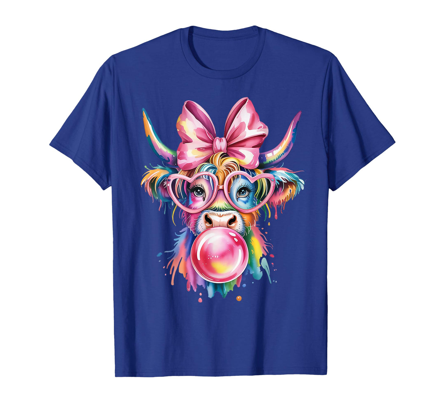 Cow with Bow and Glasses Blowing Bubblegum Art Design T-Shirt