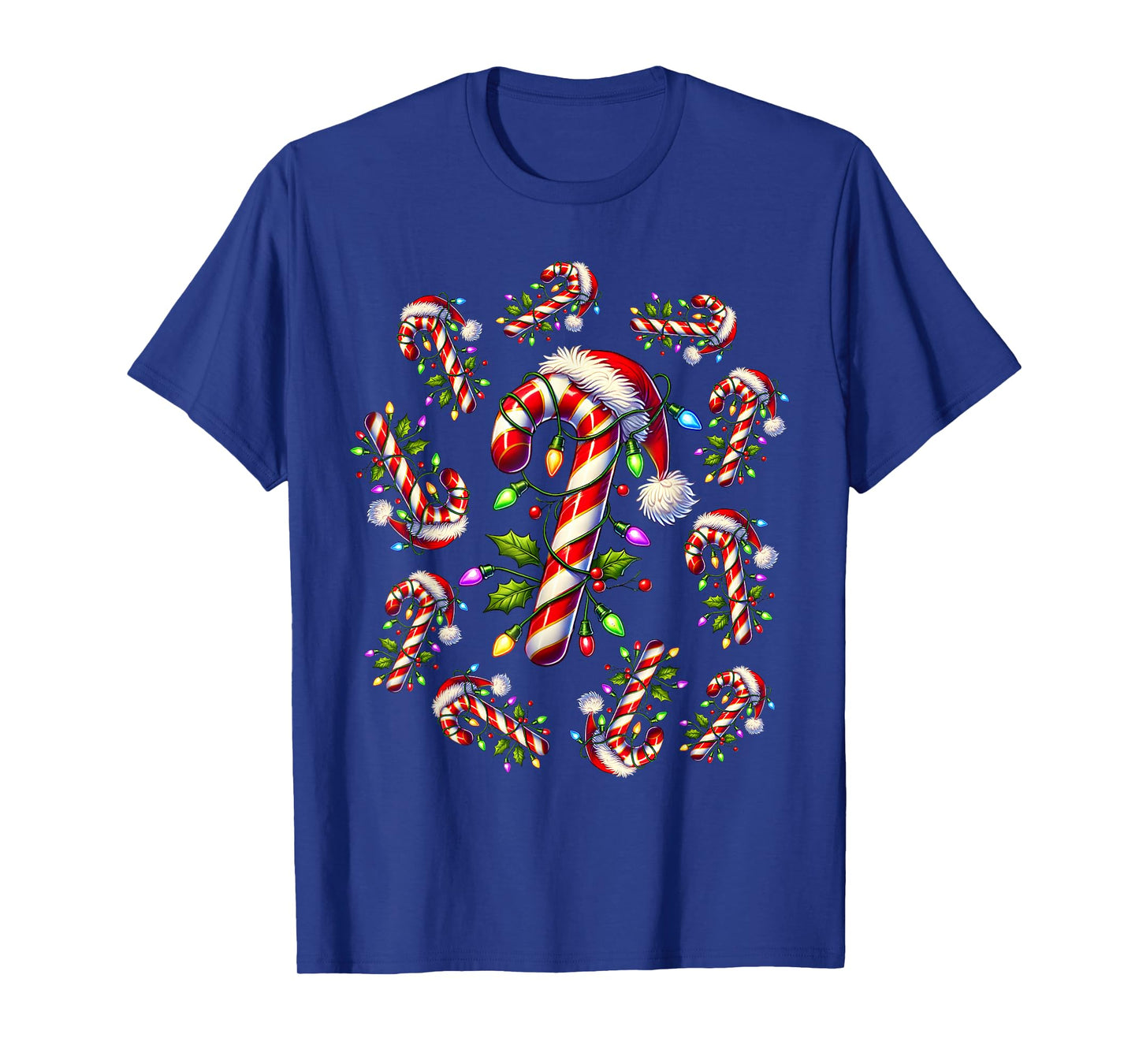 Red and White Candy Cane Santa Christmas Funny Xmas Lights T-Shirt