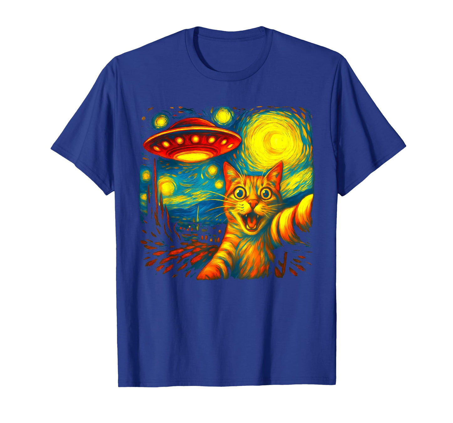 Cat Selfie With Alien UFO Funny Starry Night Van Gogh Men Women Kids T-Shirt