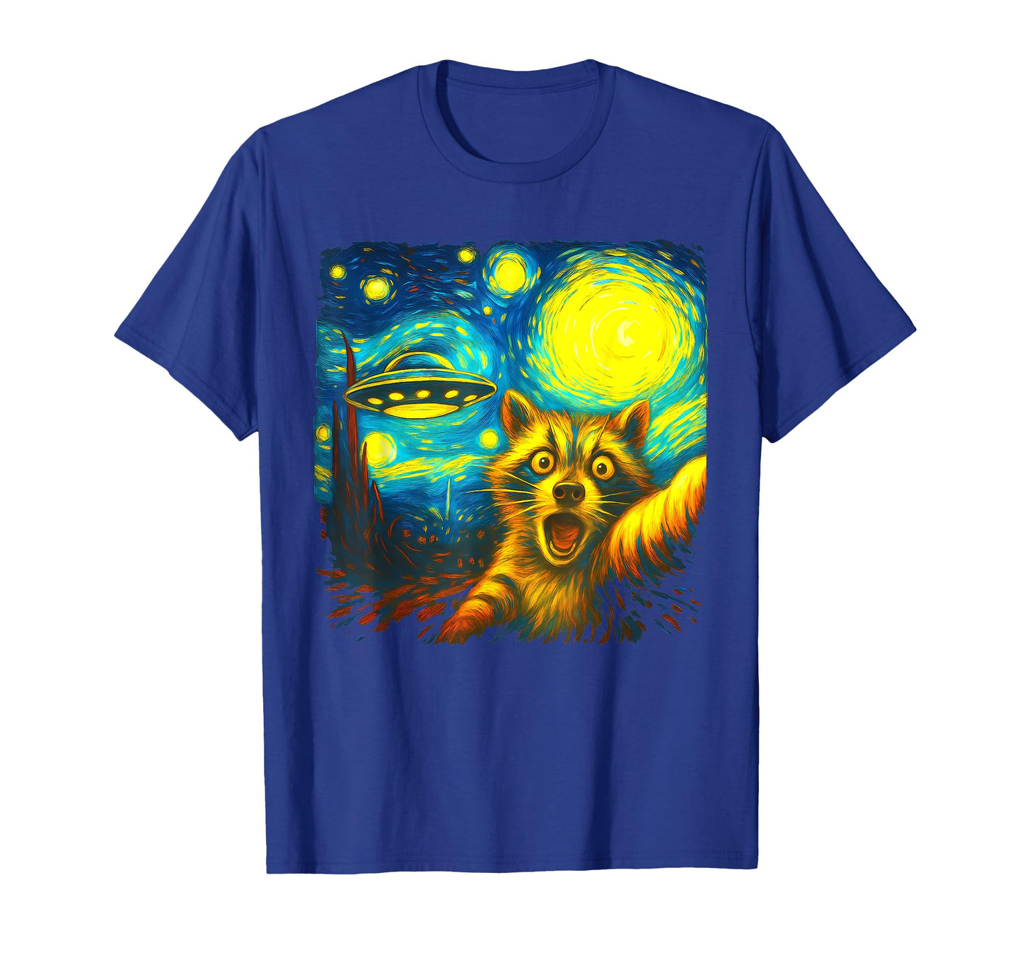 Raccoon Selfie With Alien UFO Funny Starry Night Van Gogh T-Shirt