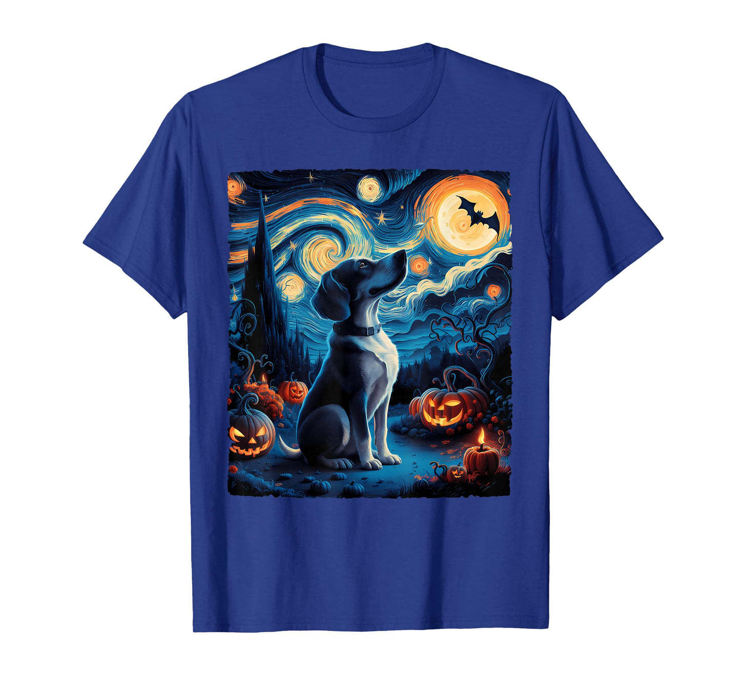 Van Gogh' Starry Night Dog Pumpkins Bats Funny Halloween Tee T-Shirt for Men Women Kids