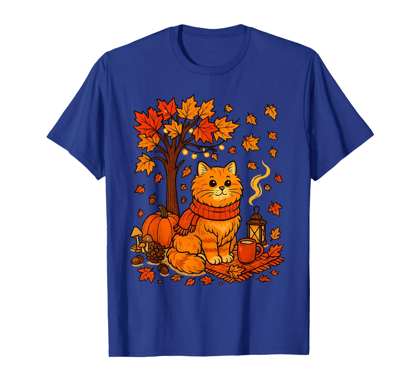 Autumn Cat Scarf Fall Vibes Falling Leave Tree Thanksgiving T-Shirt