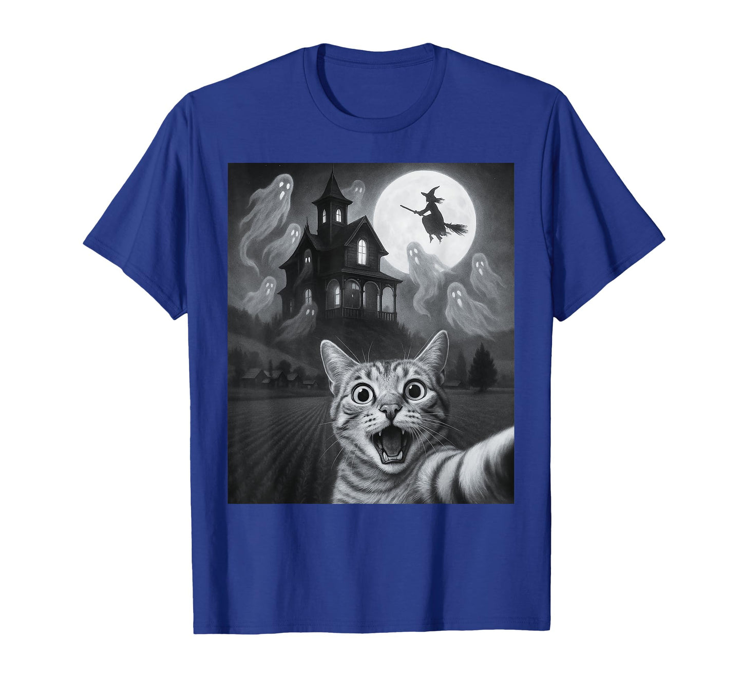 Halloween Cat Selfie With Scary House For Men Women Kids T-Shirt