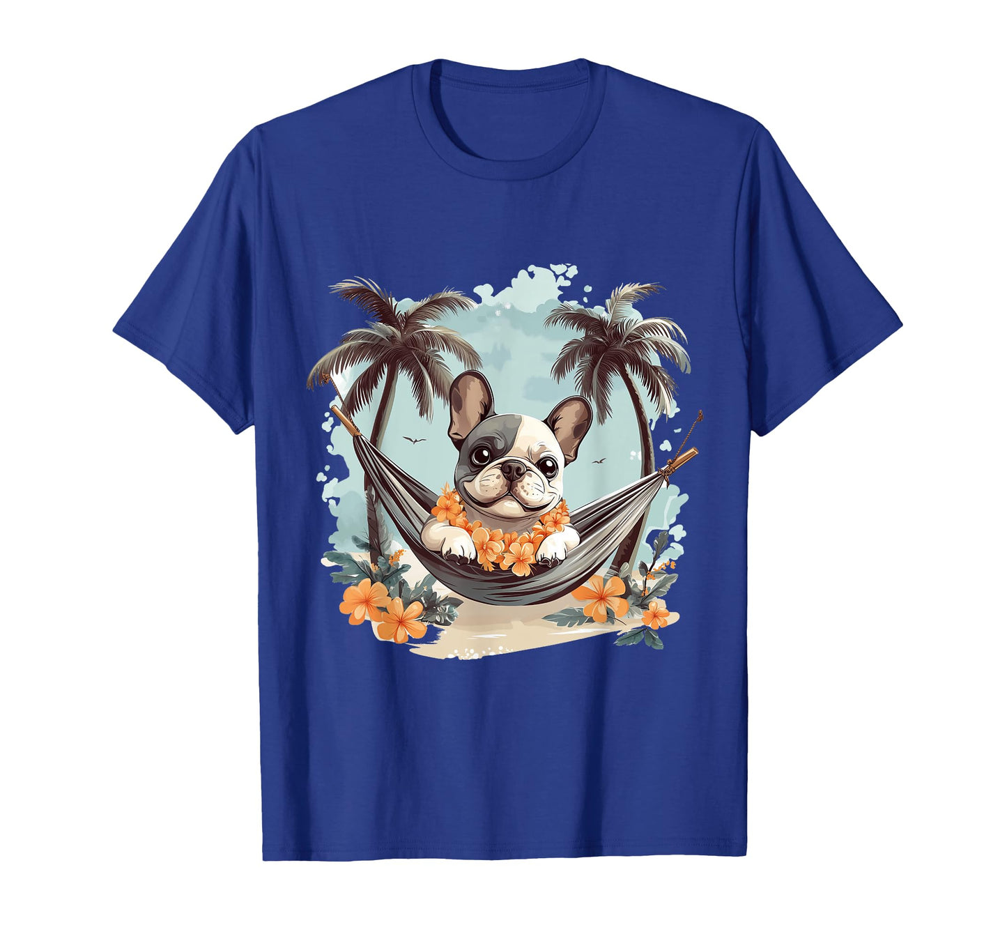 Cute Hawaiian French Bulldog Hammock Palm Trees Beach Vibes T-Shirt