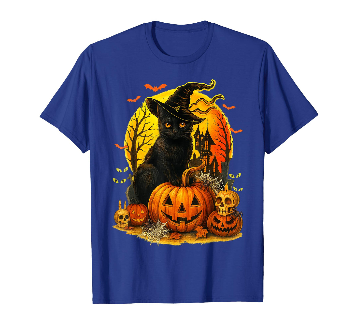 Retro Black Cat Witch Scary Halloween Pumpkin Women Men Kids T-Shirt