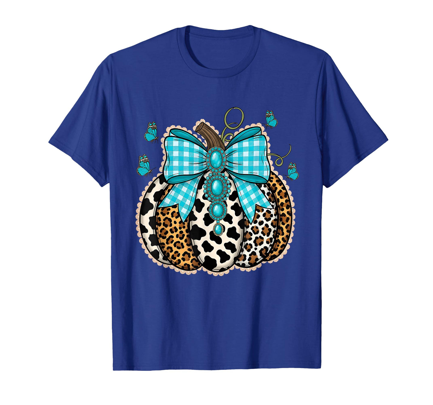 Leopard Turquoise Lace Pumpkin Fall Thanksgiving Halloween T-Shirt