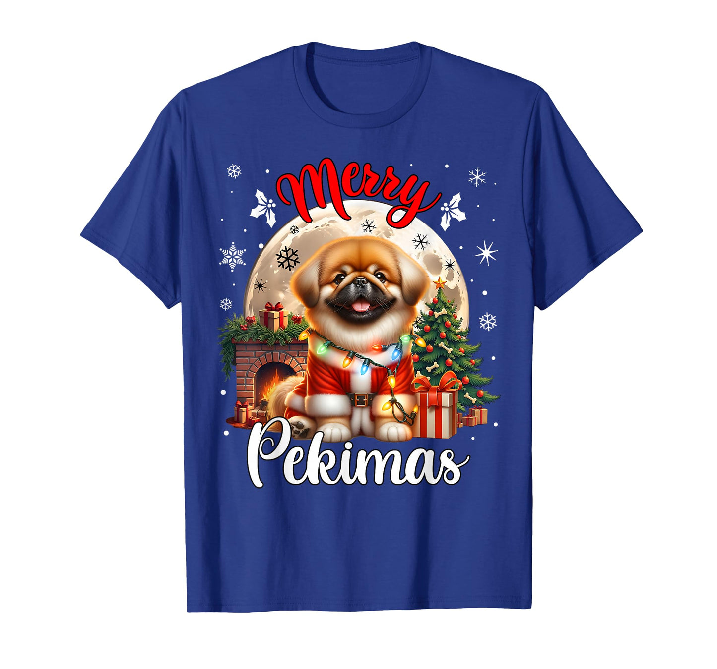 Merry Christmas Pekingese For Men & Women Unisex-Adults Black Small Cartoon Humor Modern Round Collar Straight Short Sleeve T-Shirt