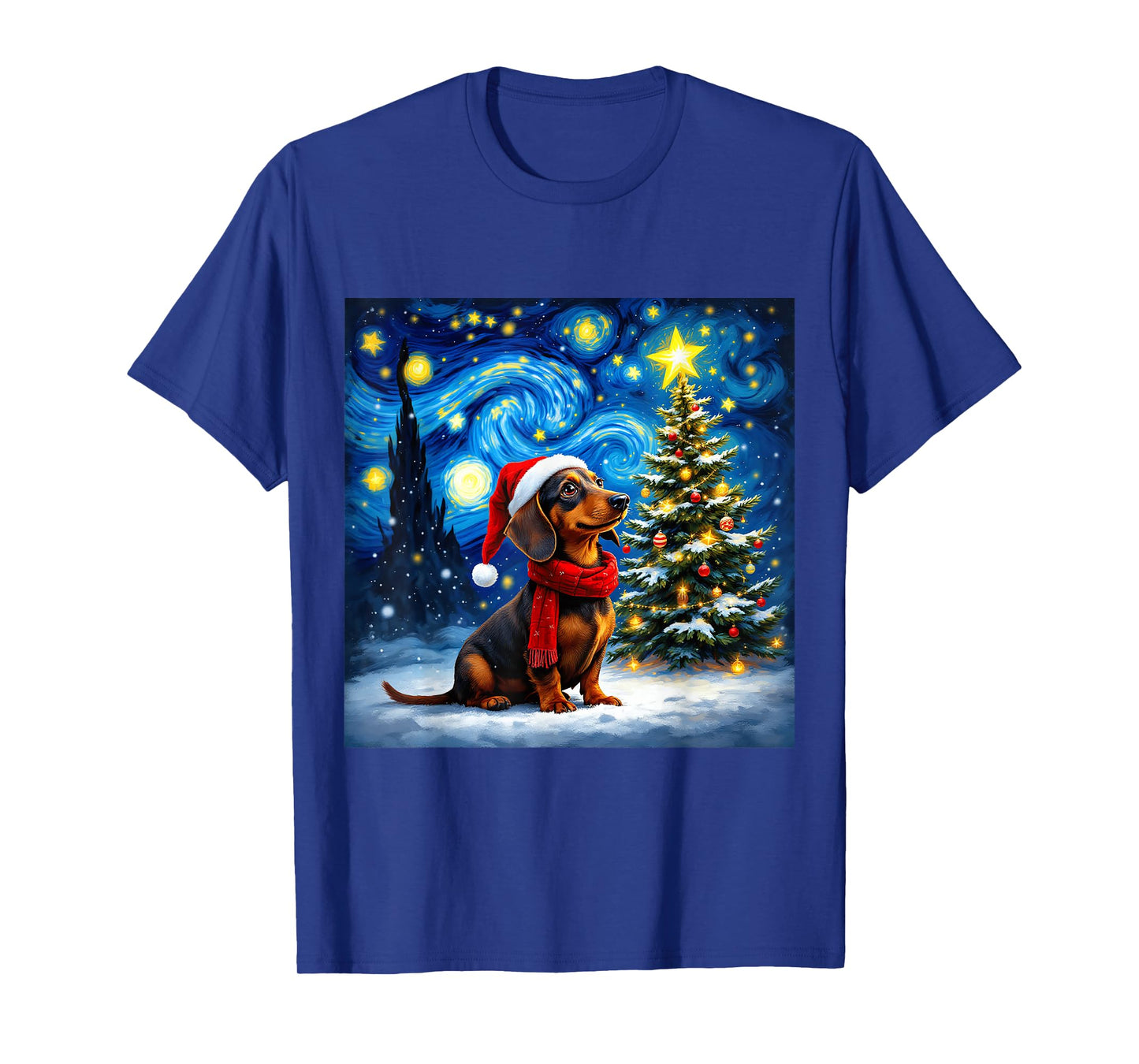 Dachshund Starry Night Christmas Van Gogh Dog Santa Hat T-Shirt