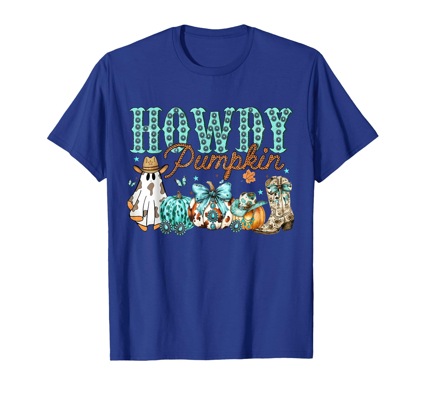 Howdy Fall Western Pumpkin Turquoise Coquette Bow Cowgirl T-Shirt