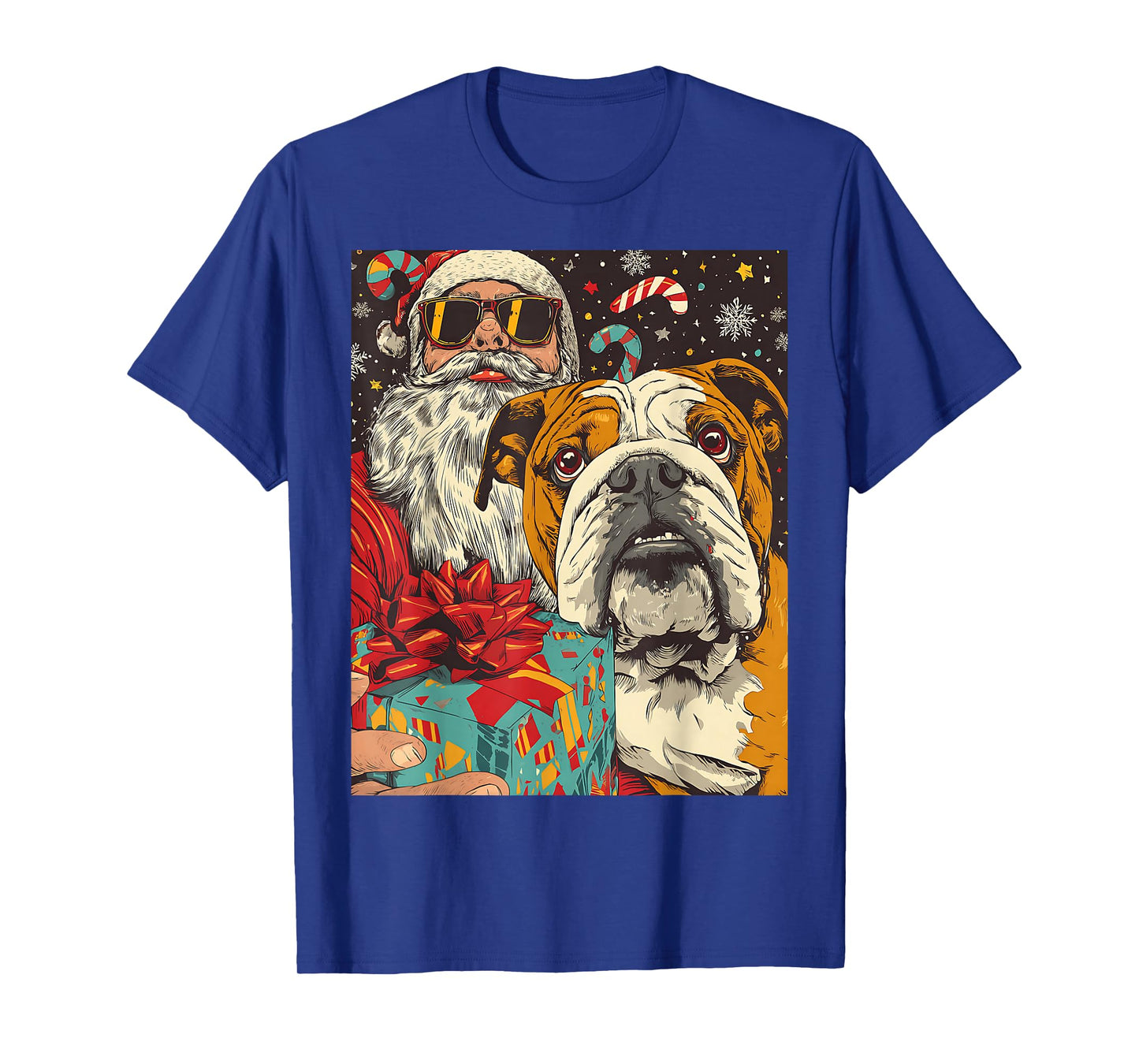 Funny Christmas Bulldog Selfie with Santa Xmas T-Shirt