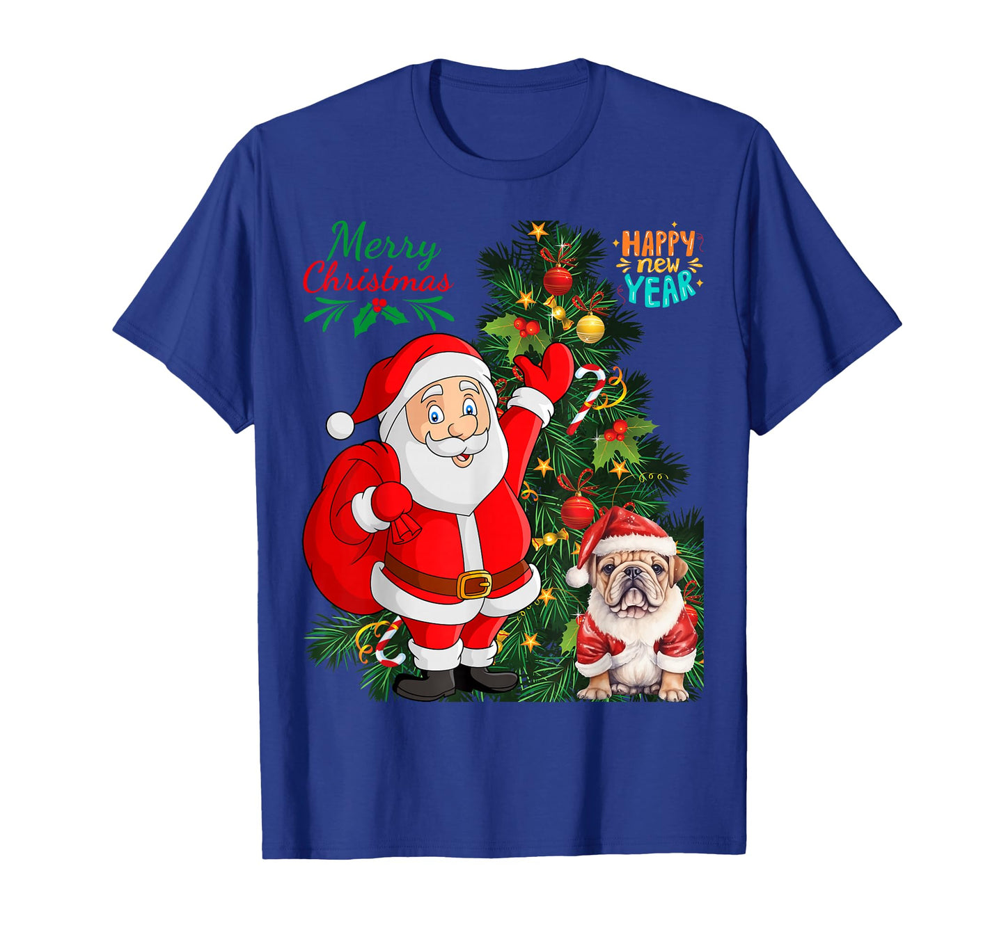 Merry Christmas Happy New Year Santa Claus English Bulldog T-Shirt