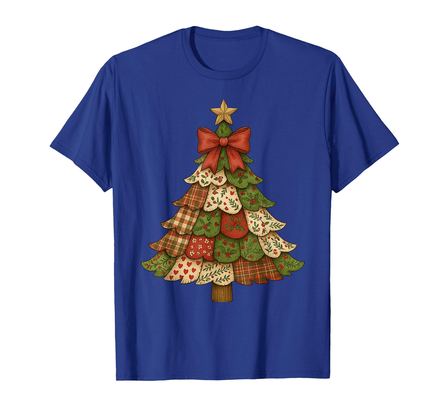 Vintage Patchwork Christmas Tree Retro Merry Christmas Bow T-Shirt