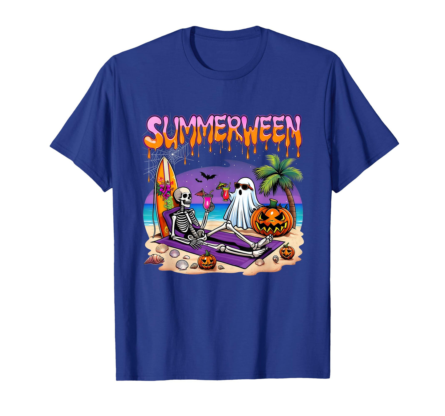 Summerween Skeleton Ghost Beach Funny Spooky Halloween T-Shirt